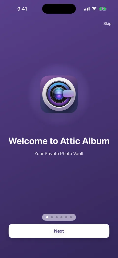 AtticAlbum welcome screen showing the app icon and tagline on a purple gradient background