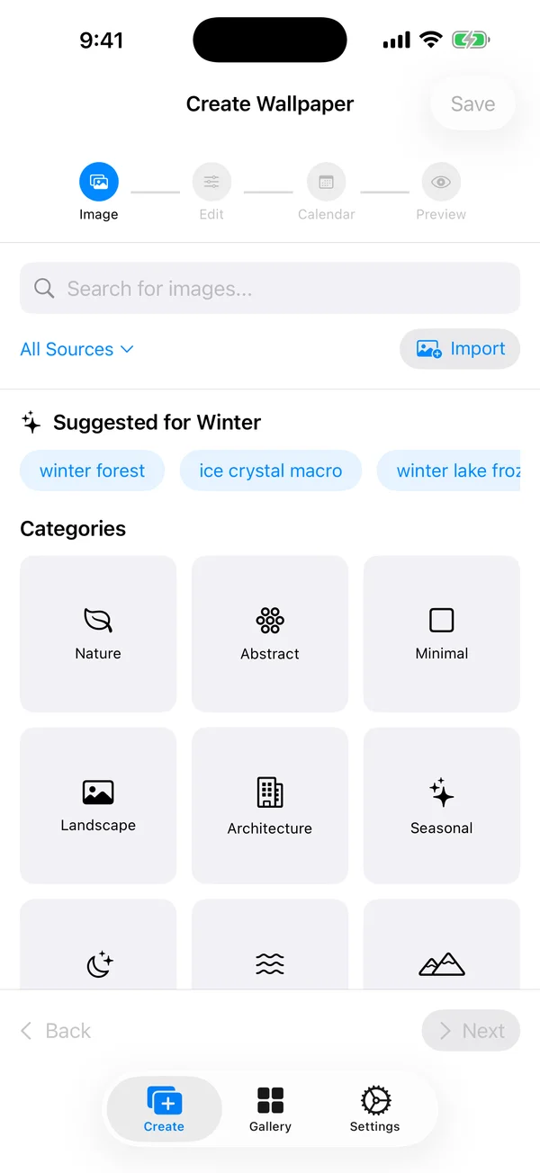 WidgeOne creation screen showing a wallpaper being edited with calendar overlay and filter controls