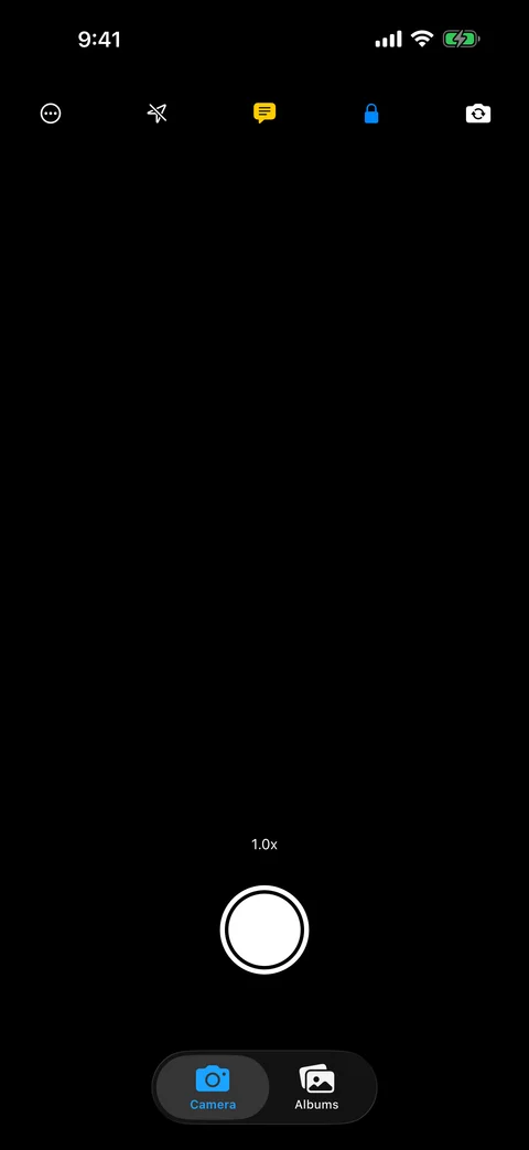 AtticAlbum built-in camera interface with flash, zoom, and encryption controls