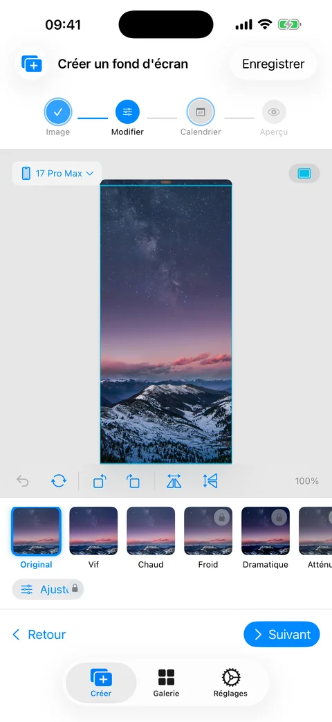 Éditeur de calendrier de WidgeOne avec préréglages de filtre et cadrage d'appareil