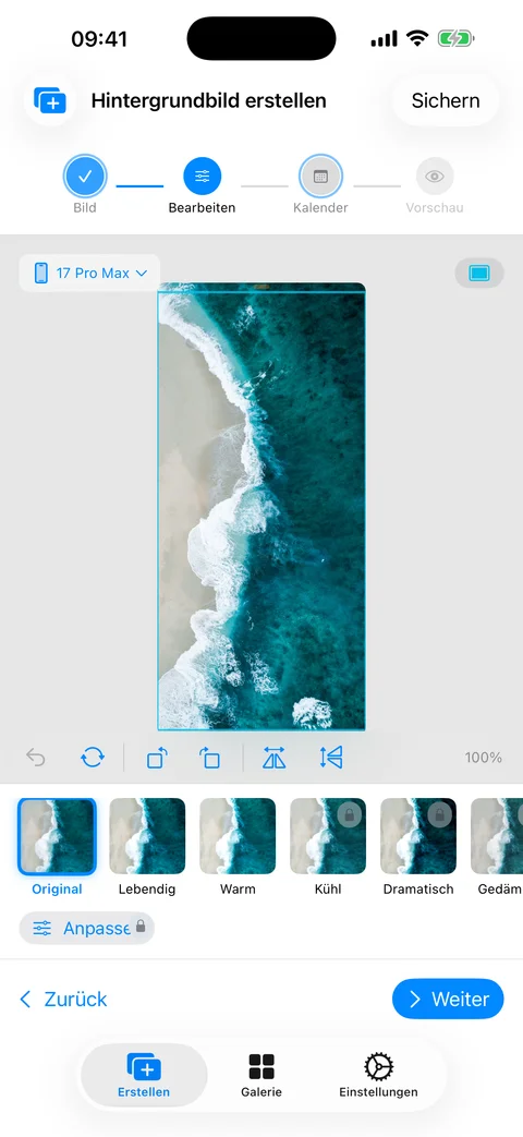 Kalendereditor von WidgeOne mit Filtervoreinstellungen und Geraeterahmen