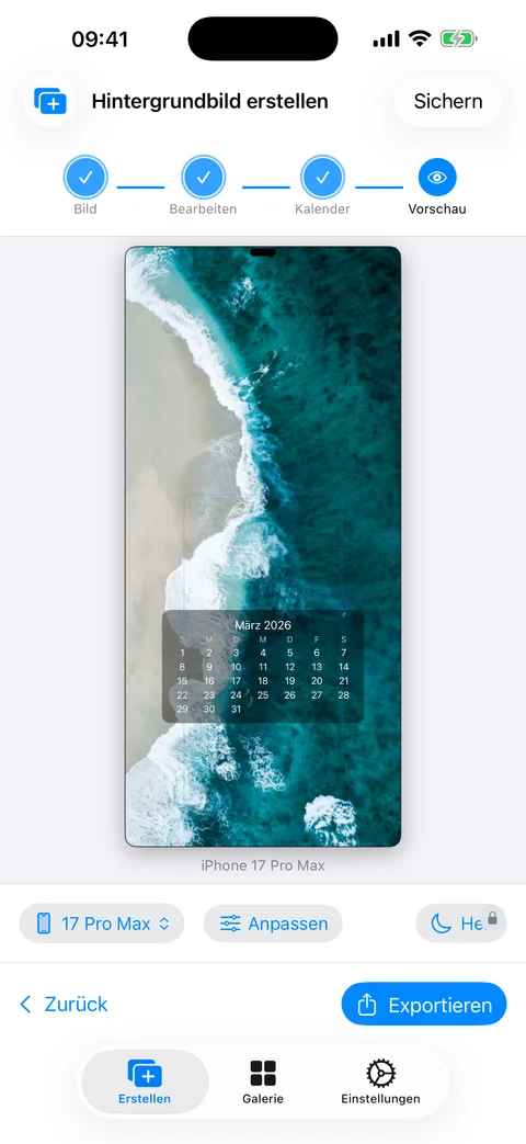 Exportbildschirm von WidgeOne mit dem fertigen Hintergrund und ueberlagertem Kalender