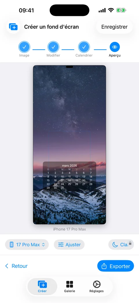 Écran d'exportation de WidgeOne affichant le fond d'écran final avec le calendrier superposé