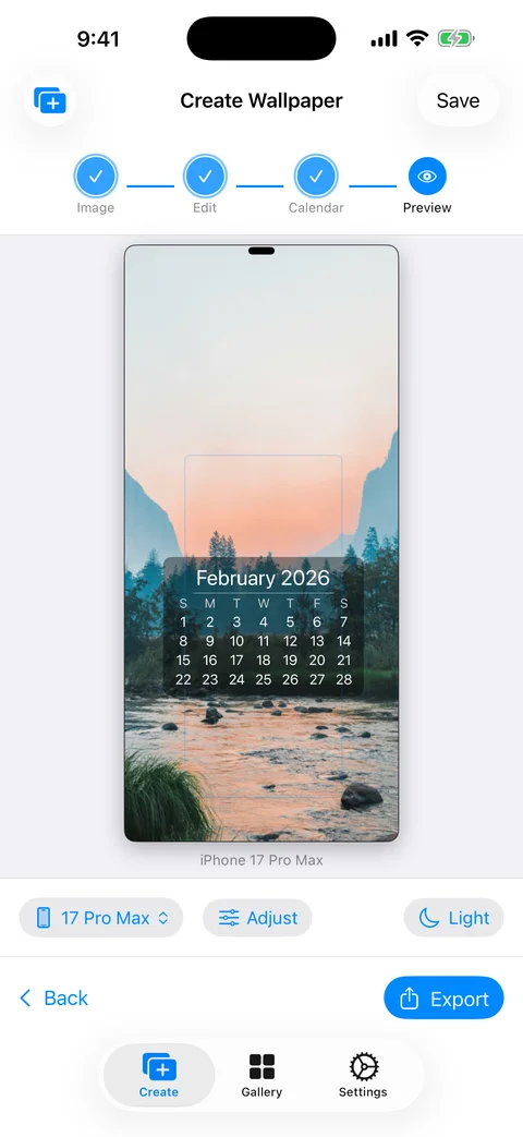 WidgeOne export screen showing final wallpaper with calendar overlay