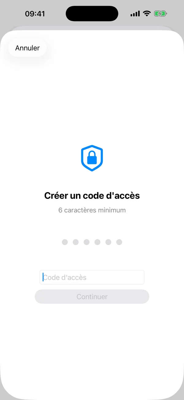 Écran de création de code d'accès d'AtticAlbum avec icône de bouclier et minimum requis de 6 caractères