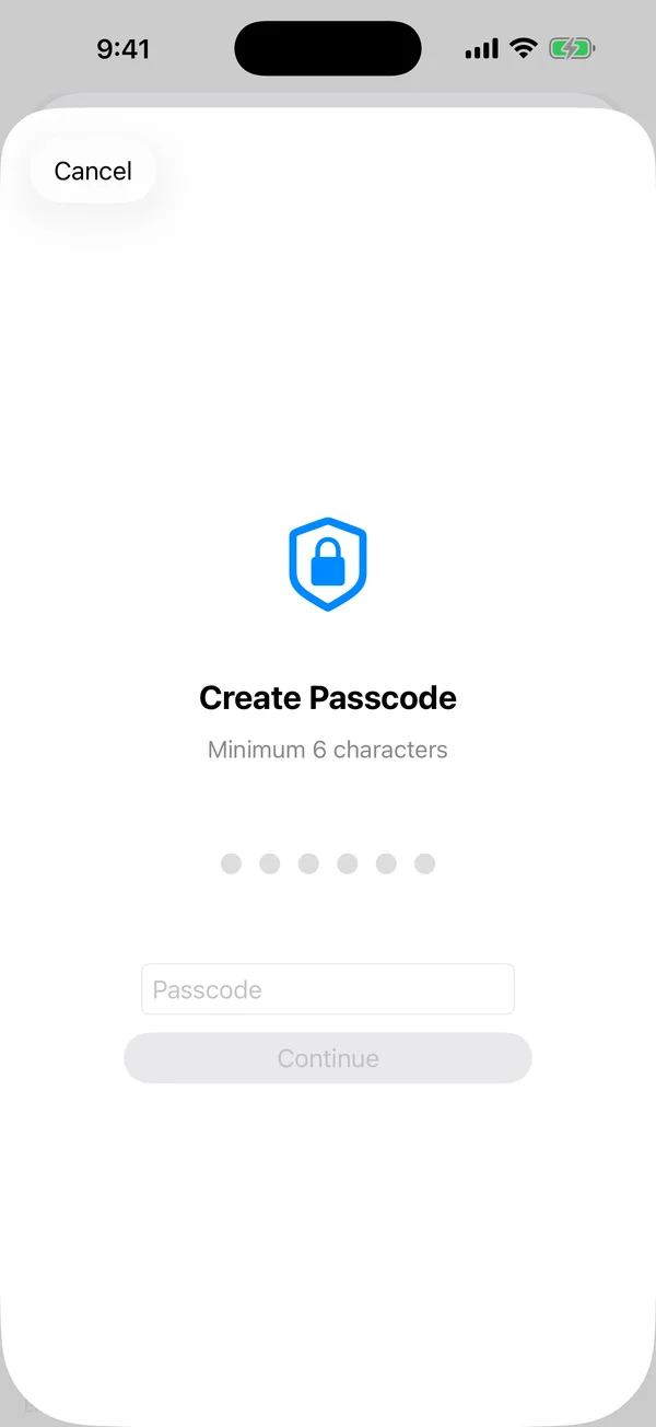 AtticAlbum passcode creation screen with shield icon and minimum 6-character requirement