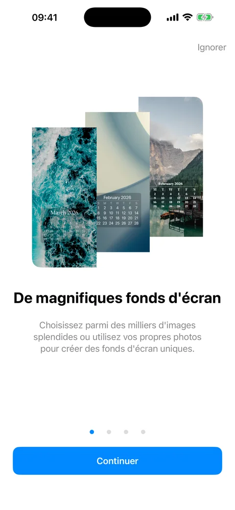 Écran d'accueil de WidgeOne montrant trois exemples de fonds d'écran avec des calendriers mensuels superposés