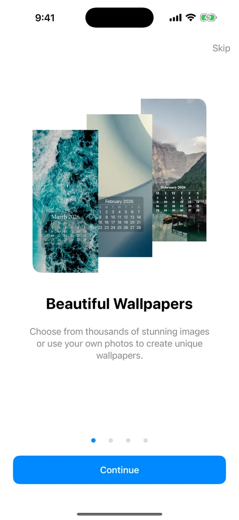 WidgeOne welcome screen showing three wallpaper examples with monthly calendar overlays