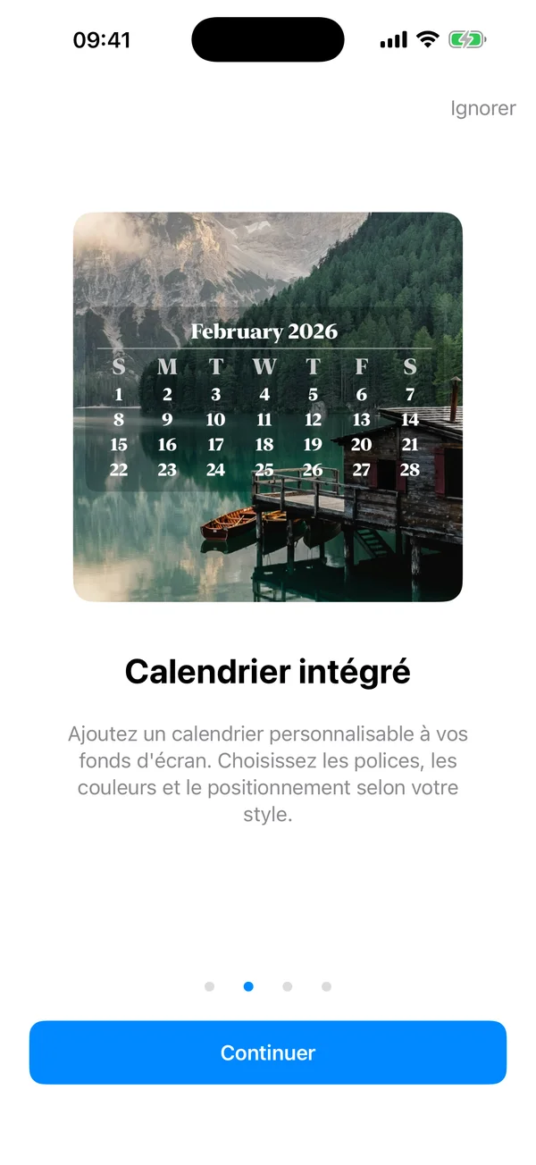 Onboarding de calendrier de WidgeOne montrant un calendrier personnalisable sur un fond panoramique
