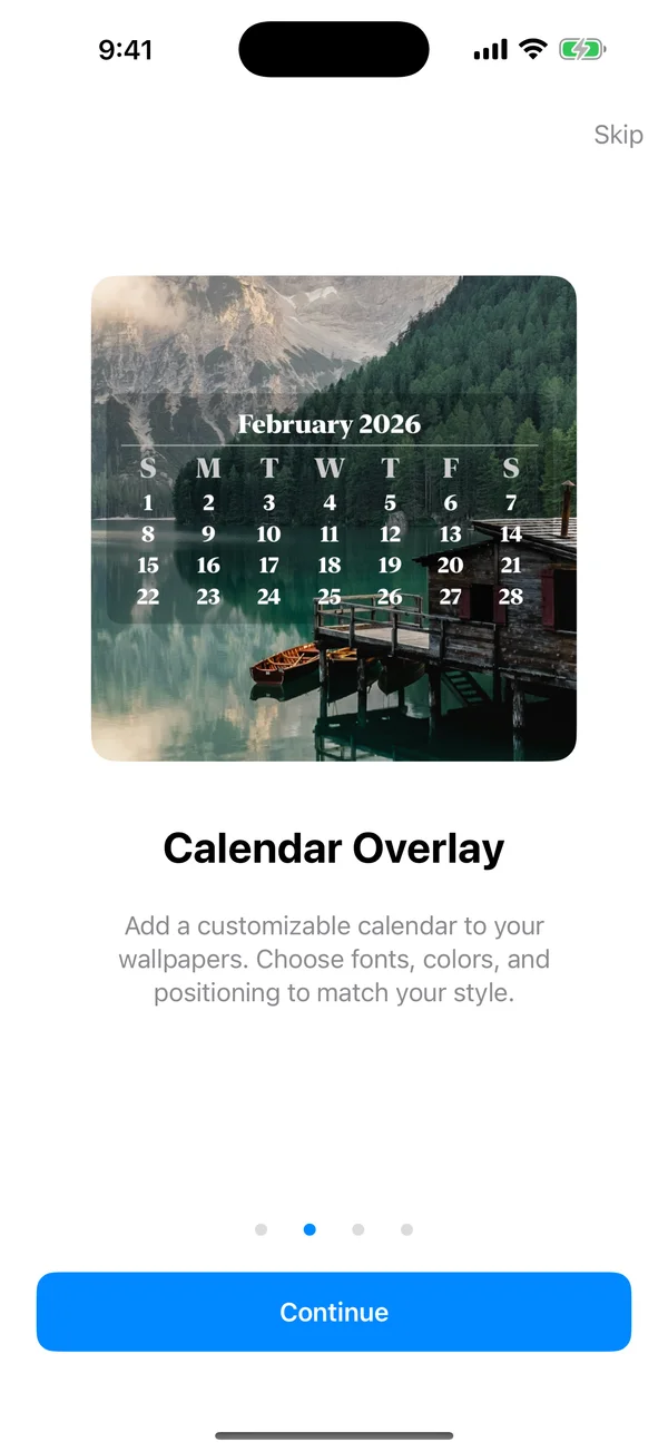 WidgeOne calendar overlay onboarding showing a customizable calendar on a scenic wallpaper