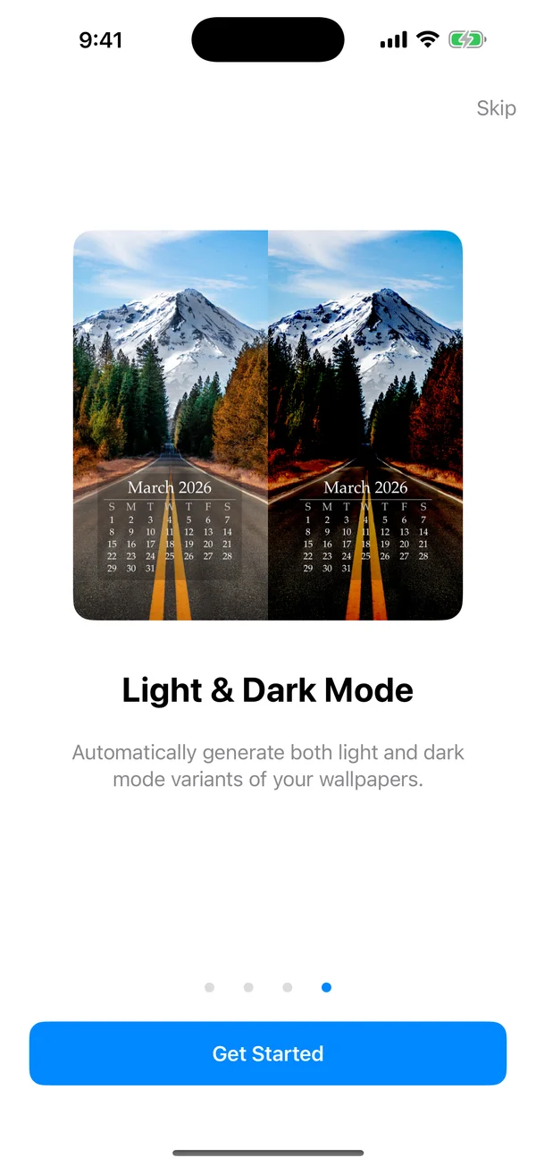WidgeOne light and dark mode wallpaper variants side by side with mountain landscape and calendar